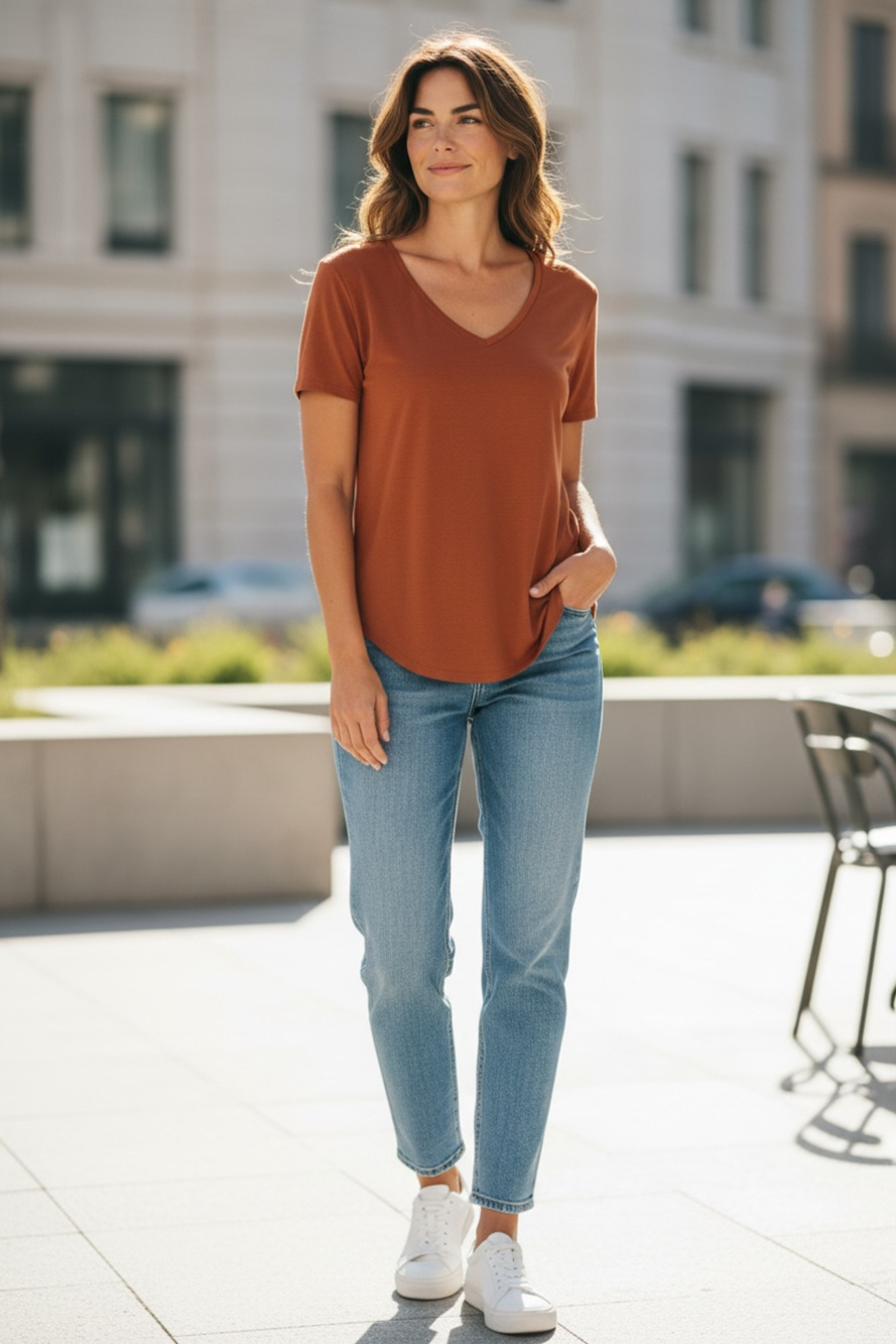 Urban Diction Rust Brown Short Sleeve V-Neck T-Shirt